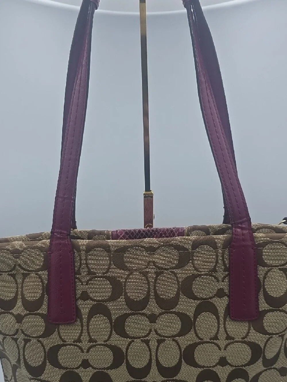 Coach Beige/Tan Signature Canvas Medium Tote W/ Burgundy Python Trim (GOOD) 💖✨️